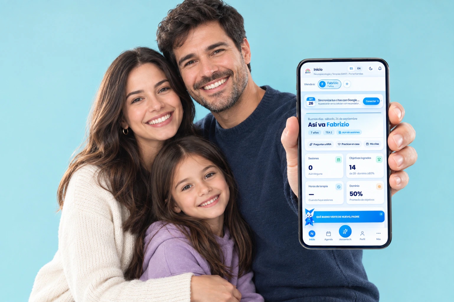 Familia mostrando el progreso de su hija en la app de Vanty ABA